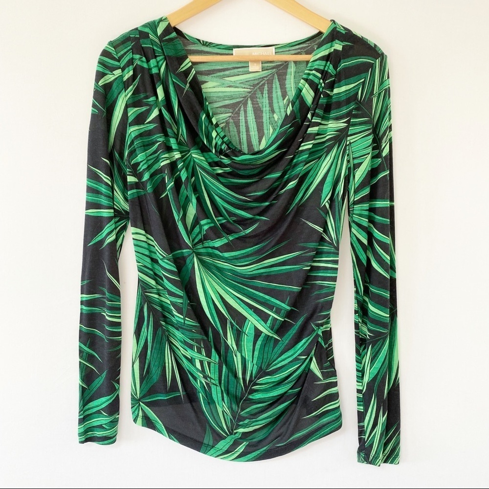 Michael Kors Palm Print Mock Neck Green Top S